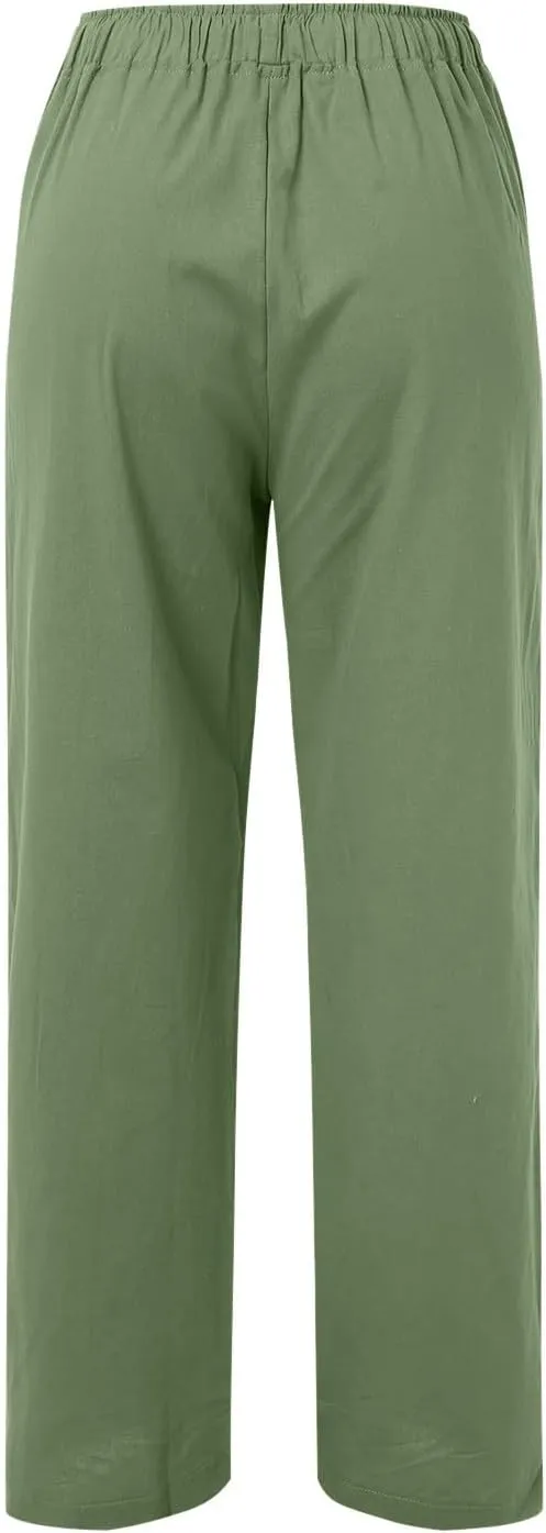 Women's Wide Leg Cotton Linen Pants Dressy Casual High Waist Palazzo Pant Lounge Button Up Trouser with Pocket