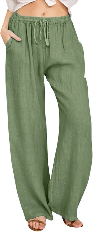 Women's Wide Leg Cotton Linen Pants Dressy Casual High Waist Palazzo Pant Lounge Button Up Trouser with Pocket