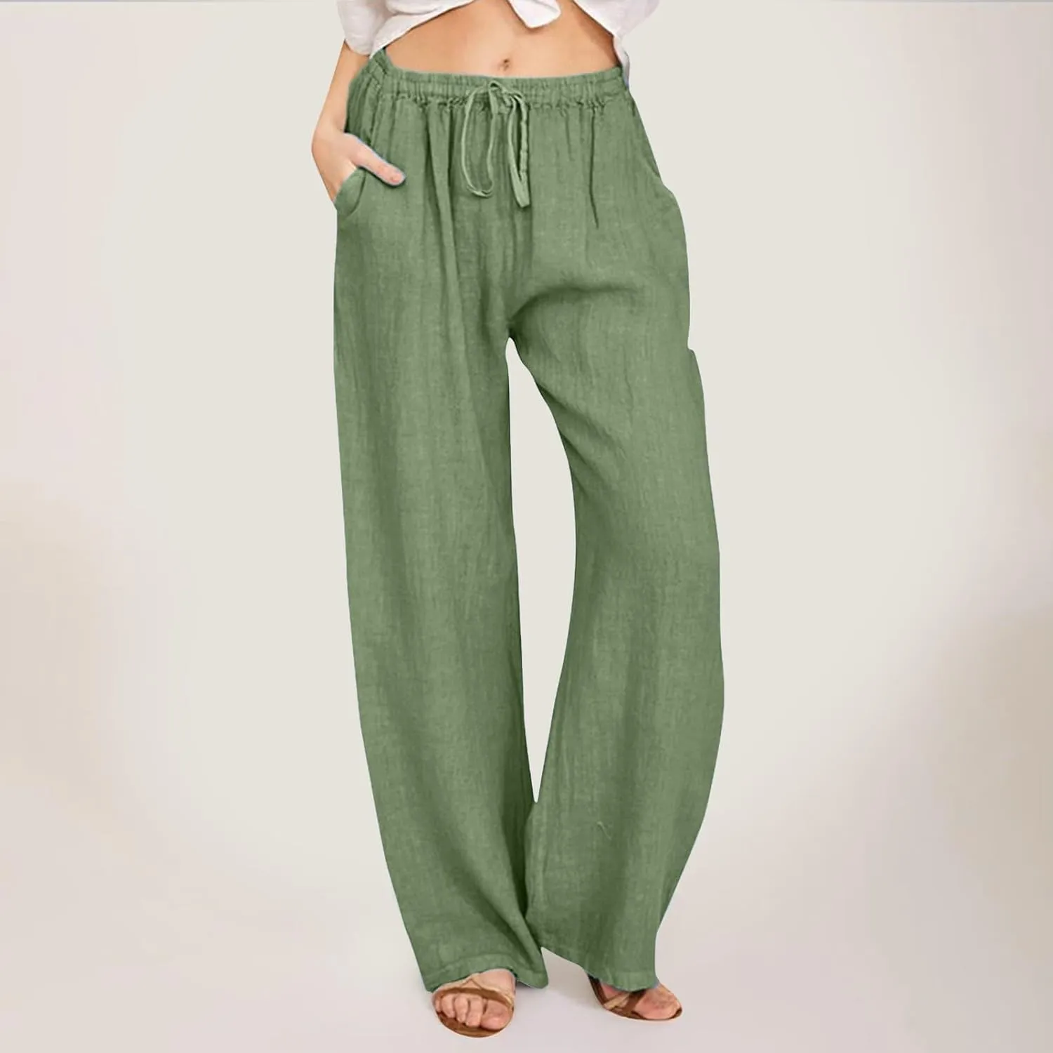 Women's Wide Leg Cotton Linen Pants Dressy Casual High Waist Palazzo Pant Lounge Button Up Trouser with Pocket