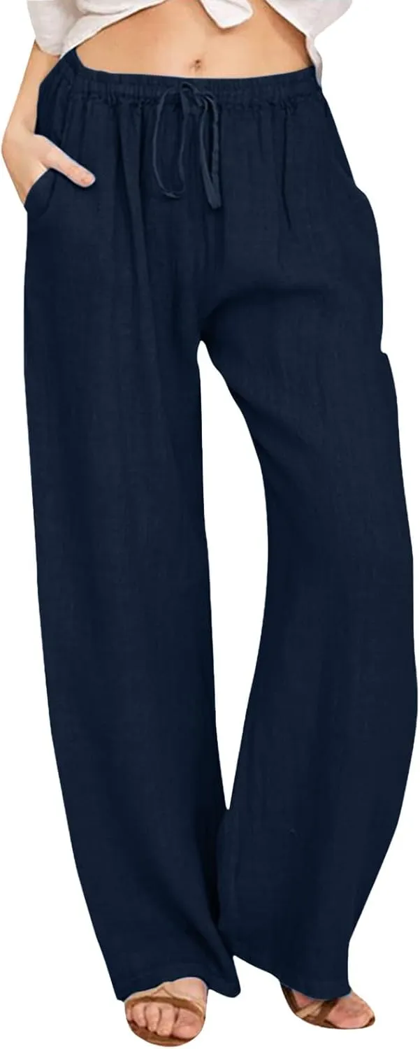 Women's Wide Leg Cotton Linen Pants Dressy Casual High Waist Palazzo Pant Lounge Button Up Trouser with Pocket