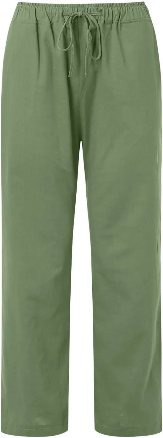 Women's Wide Leg Cotton Linen Pants Dressy Casual High Waist Palazzo Pant Lounge Button Up Trouser with Pocket