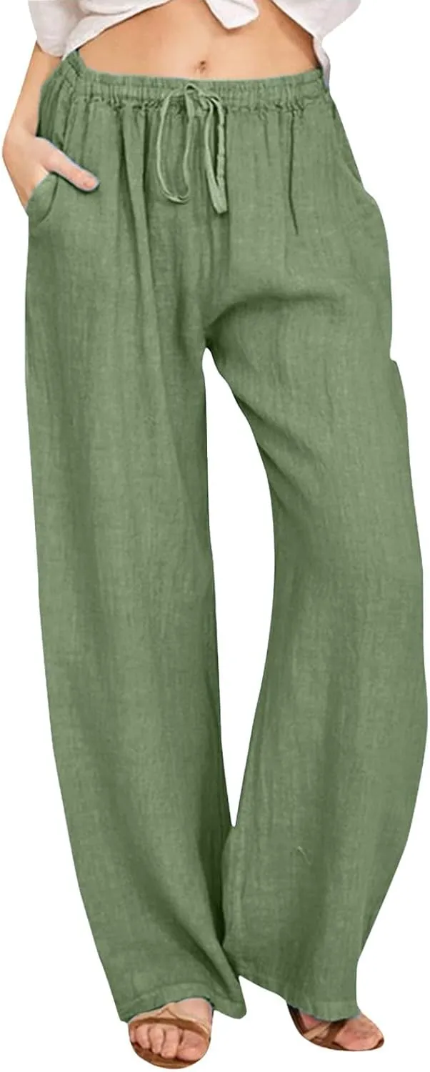 Women's Wide Leg Cotton Linen Pants Dressy Casual High Waist Palazzo Pant Lounge Button Up Trouser with Pocket