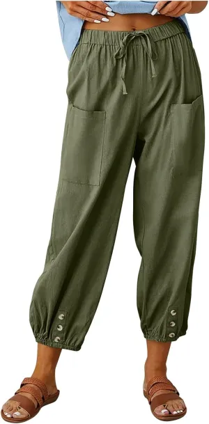 Womens Wide Leg Linen Pants Dressy Casual High Waist Palazzo Pant Button Up Loose Flowy Trouser with Pockets
