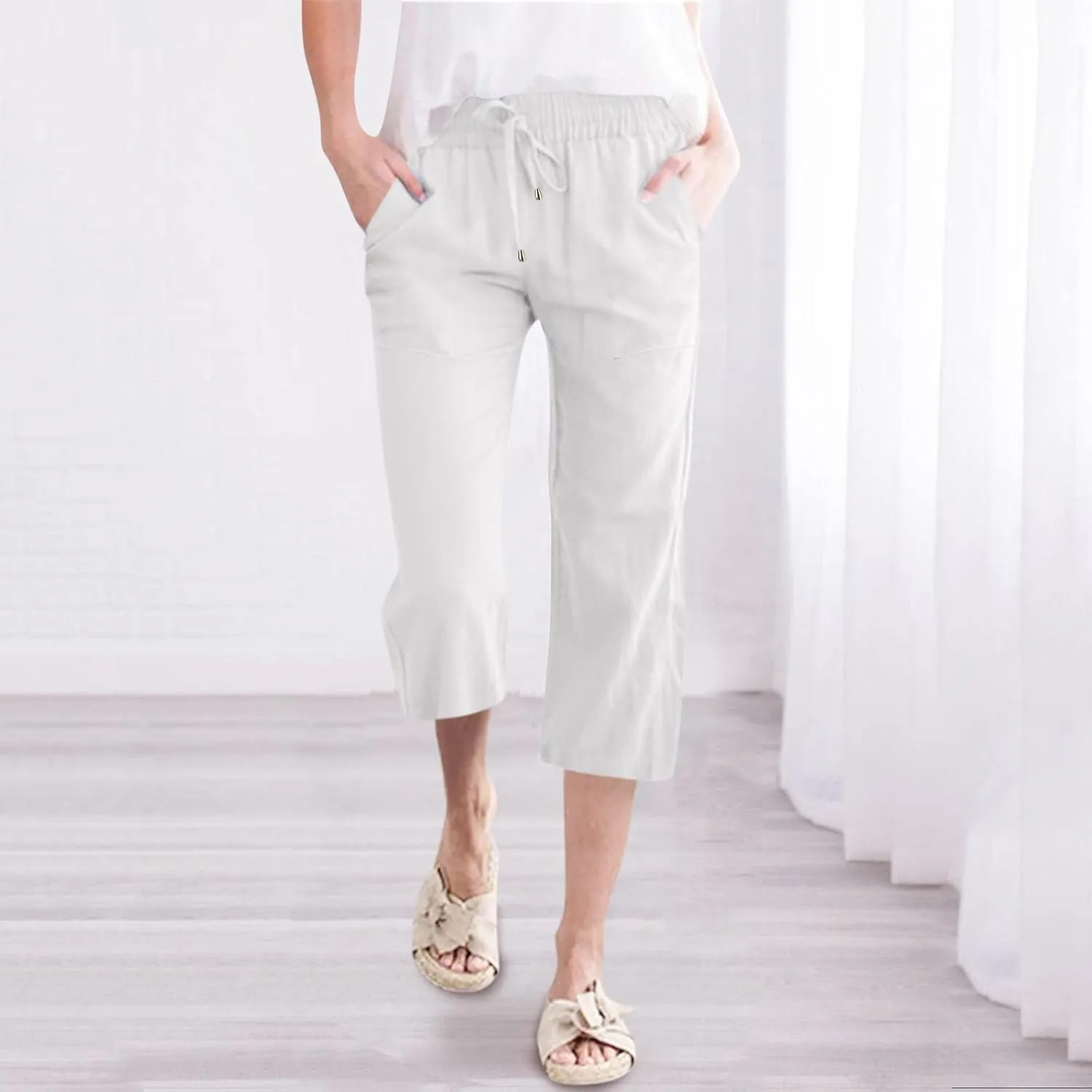 Womens Wide Leg Linen Pants Dressy Casual High Waist Palazzo Pant Button Up Loose Flowy Trouser with Pockets