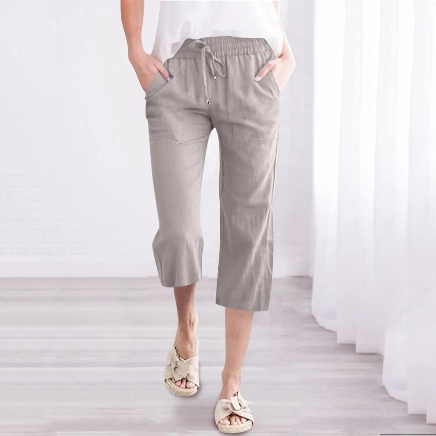 Womens Wide Leg Linen Pants Dressy Casual High Waist Palazzo Pant Button Up Loose Flowy Trouser with Pockets