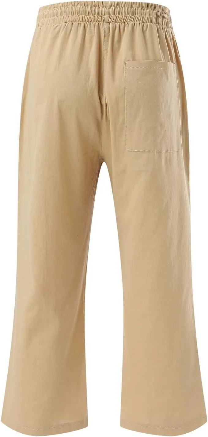 Womens Wide Leg Linen Pants Dressy Casual High Waist Palazzo Pant Button Up Loose Flowy Trouser with Pockets