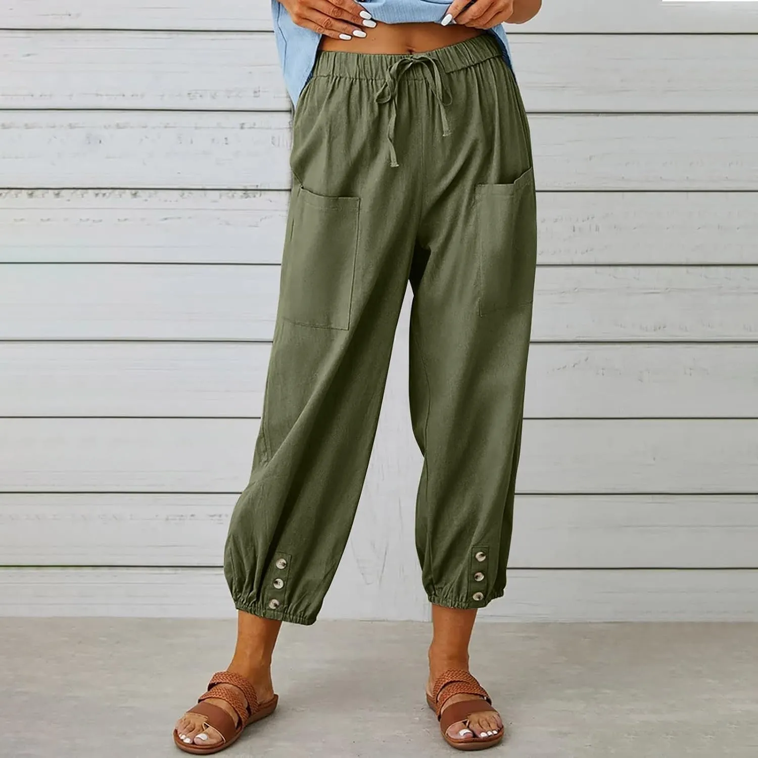 Womens Wide Leg Linen Pants Dressy Casual High Waist Palazzo Pant Button Up Loose Flowy Trouser with Pockets