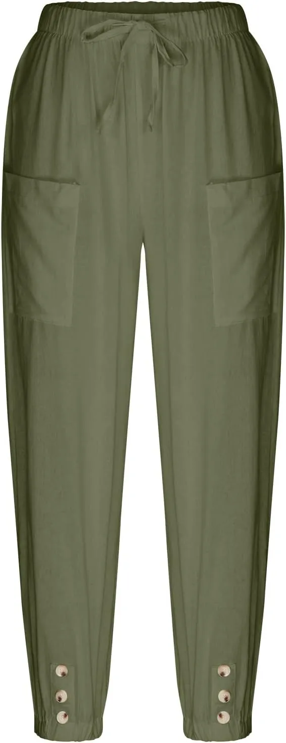 Womens Wide Leg Linen Pants Dressy Casual High Waist Palazzo Pant Button Up Loose Flowy Trouser with Pockets