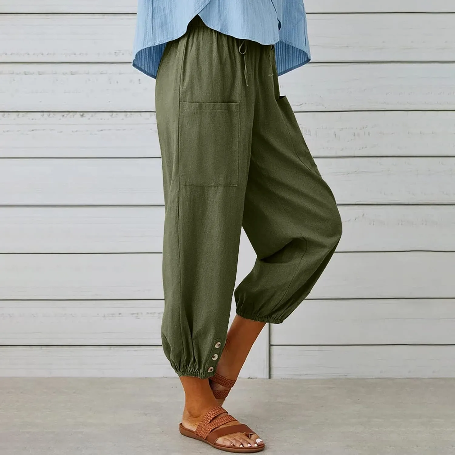 Womens Wide Leg Linen Pants Dressy Casual High Waist Palazzo Pant Button Up Loose Flowy Trouser with Pockets