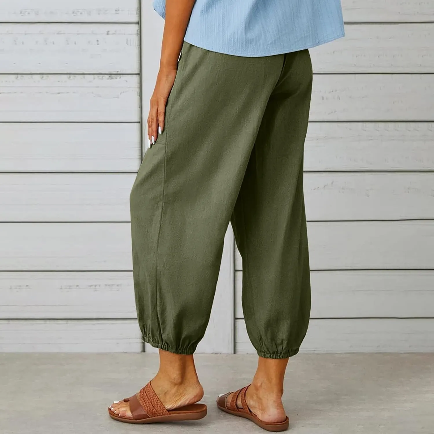 Womens Wide Leg Linen Pants Dressy Casual High Waist Palazzo Pant Button Up Loose Flowy Trouser with Pockets