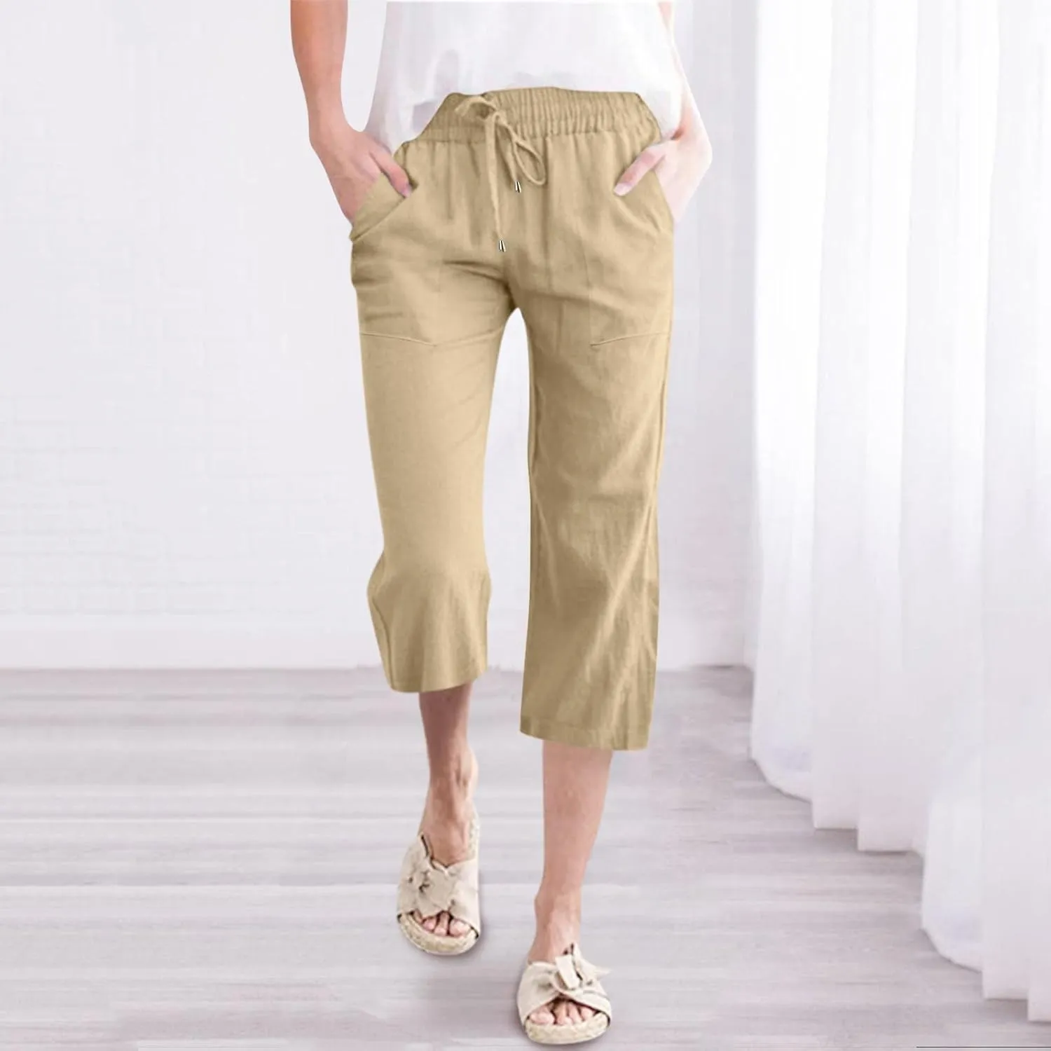 Womens Wide Leg Linen Pants Dressy Casual High Waist Palazzo Pant Button Up Loose Flowy Trouser with Pockets