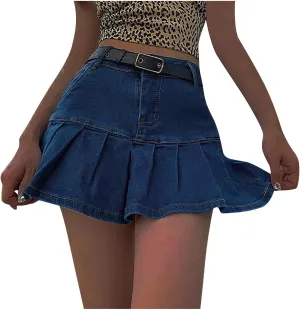 Women's Y2K Ruffle Flared Denim Skirt Midi Fashion Ruched Skorts Hem High Waist Short Dress A Line Button Jean Skirts