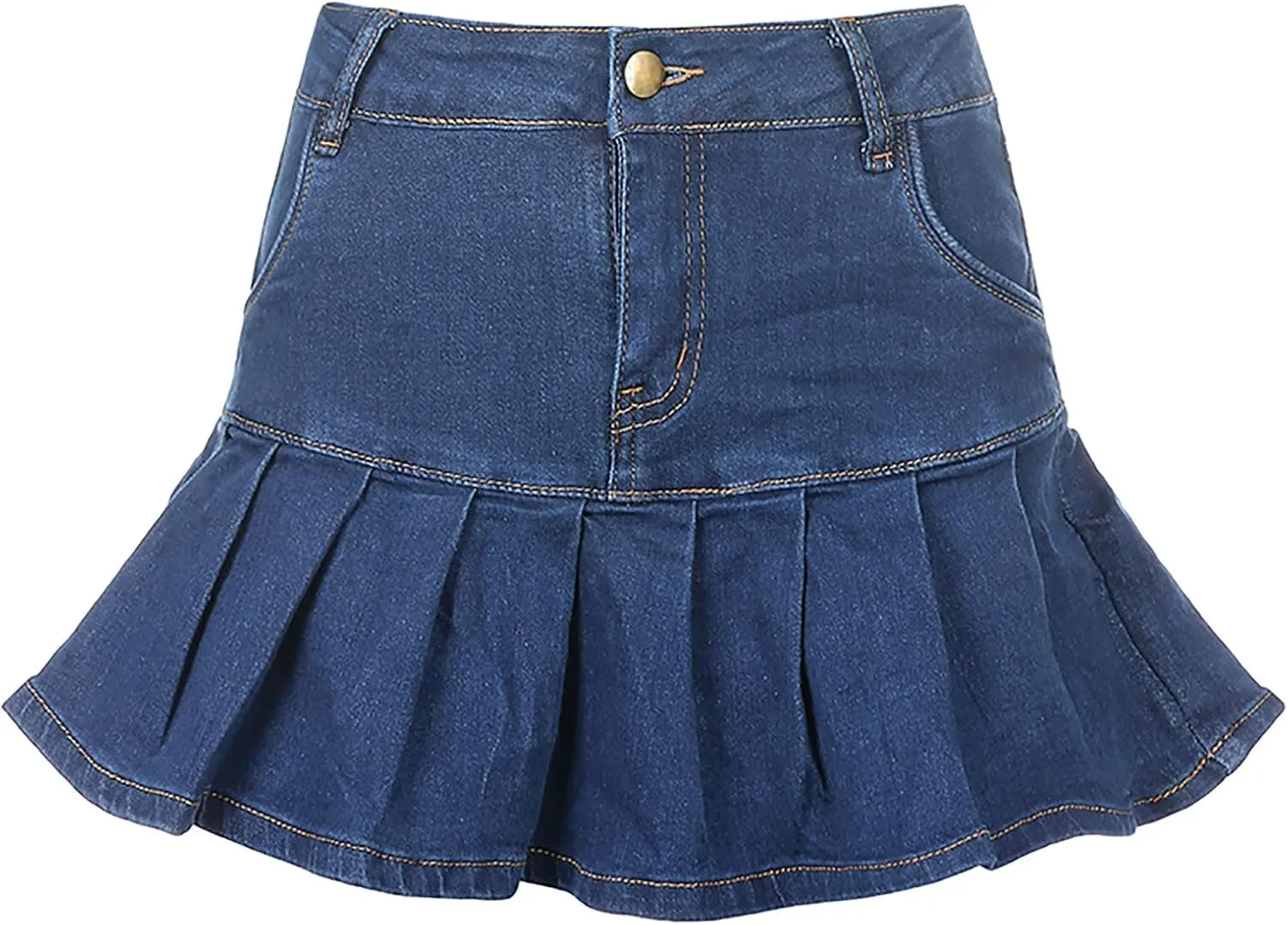 Women's Y2K Ruffle Flared Denim Skirt Midi Fashion Ruched Skorts Hem High Waist Short Dress A Line Button Jean Skirts