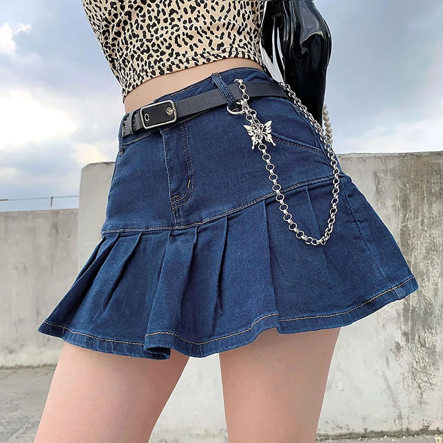Women's Y2K Ruffle Flared Denim Skirt Midi Fashion Ruched Skorts Hem High Waist Short Dress A Line Button Jean Skirts