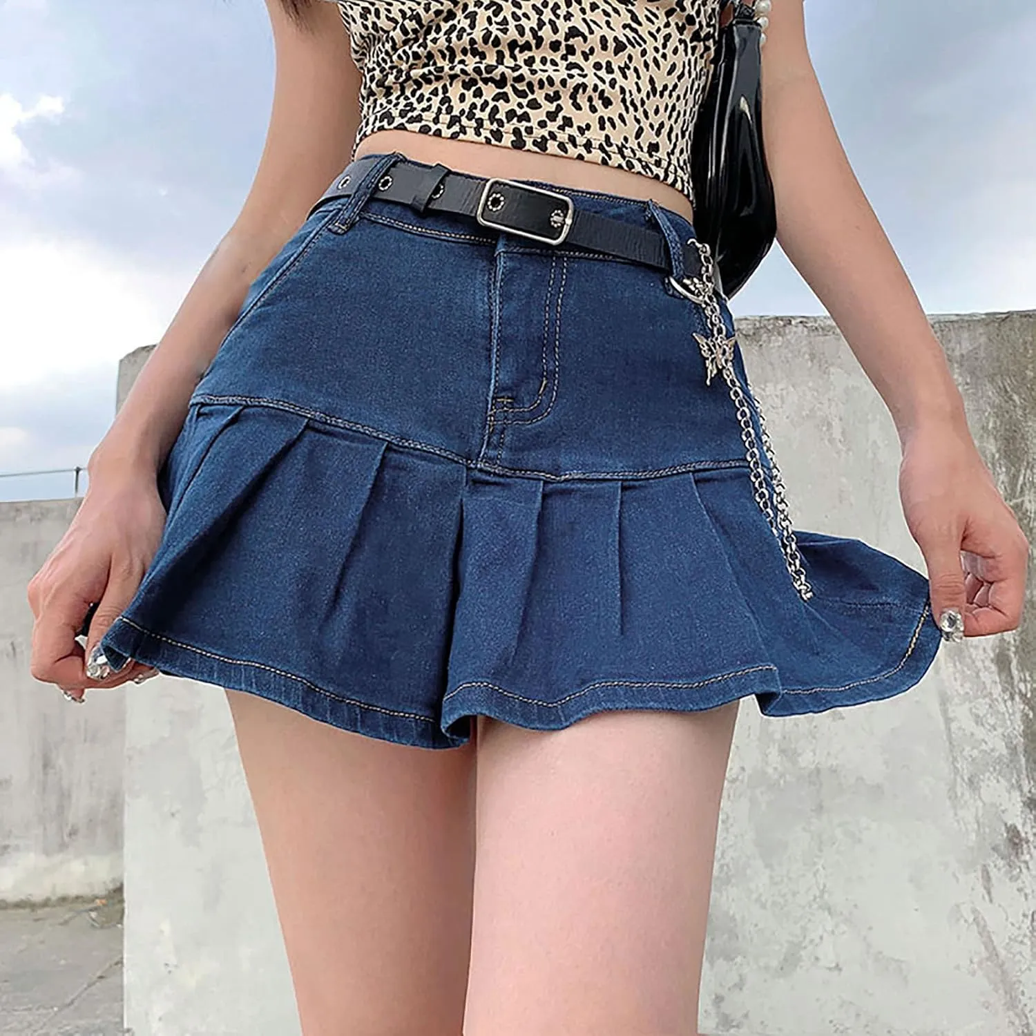 Women's Y2K Ruffle Flared Denim Skirt Midi Fashion Ruched Skorts Hem High Waist Short Dress A Line Button Jean Skirts