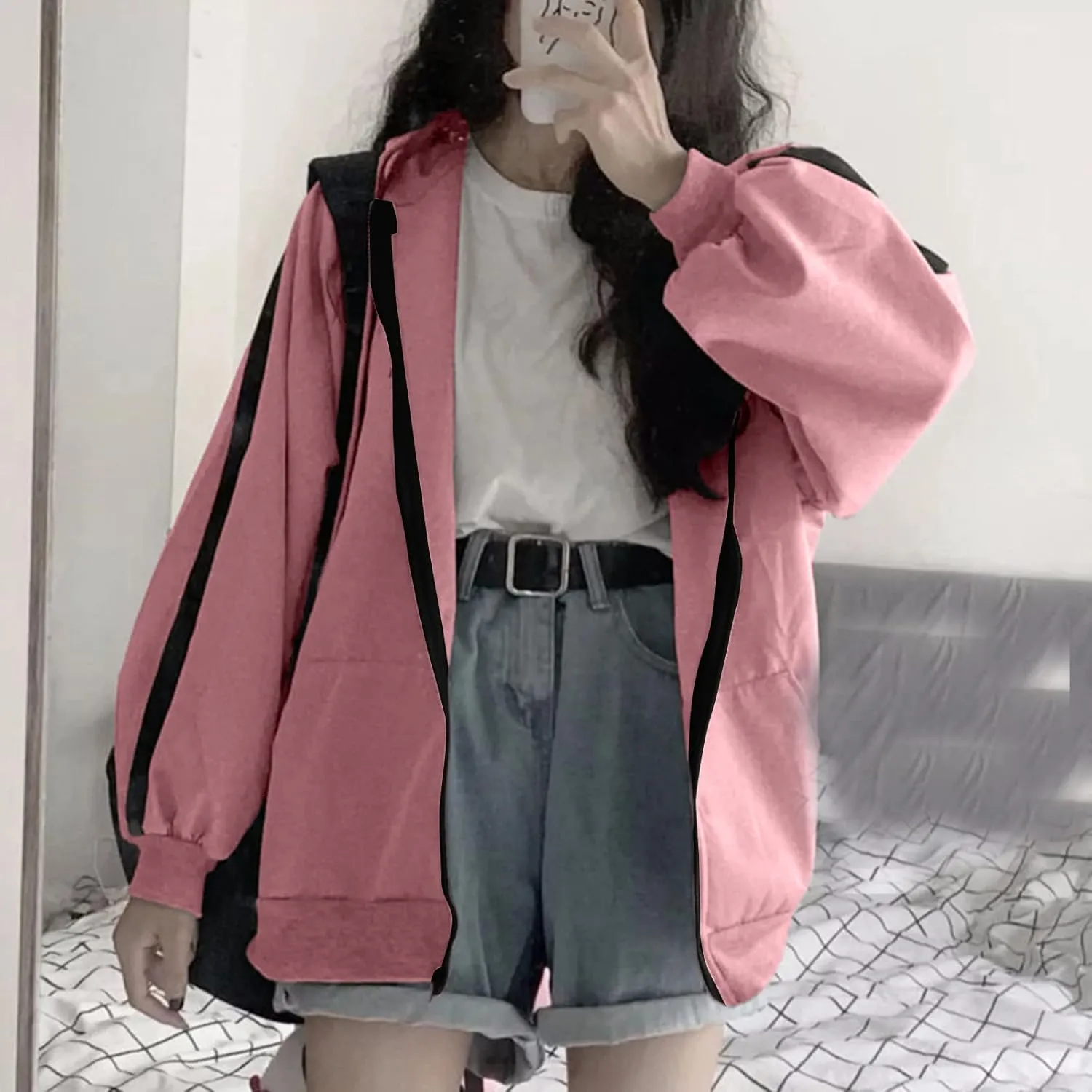 Womens Zip Up Hoodie Plus Size Oversized Aesthetic Grunge Cute Y2K Hoodie for Teen Girls Trendy Loose Fit Sweatshirts