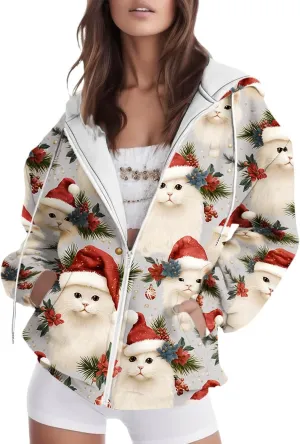 Women's Zip Up Hoodies Oversized Novelty Print Long Sleeve Crewneck Jacket Xmas Pullover with Pockets