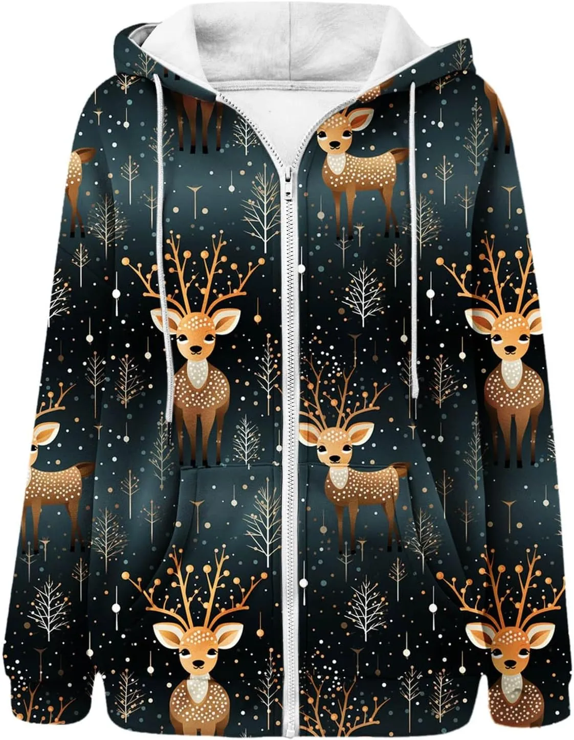 Women's Zip Up Hoodies Oversized Novelty Print Long Sleeve Crewneck Jacket Xmas Pullover with Pockets