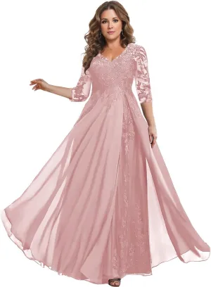 YAUTKA Floral Sequins Mother of The Bride Dresses for Wedding 3/4 Sleeves Lace Chiffon Formal Dress for Women 2025