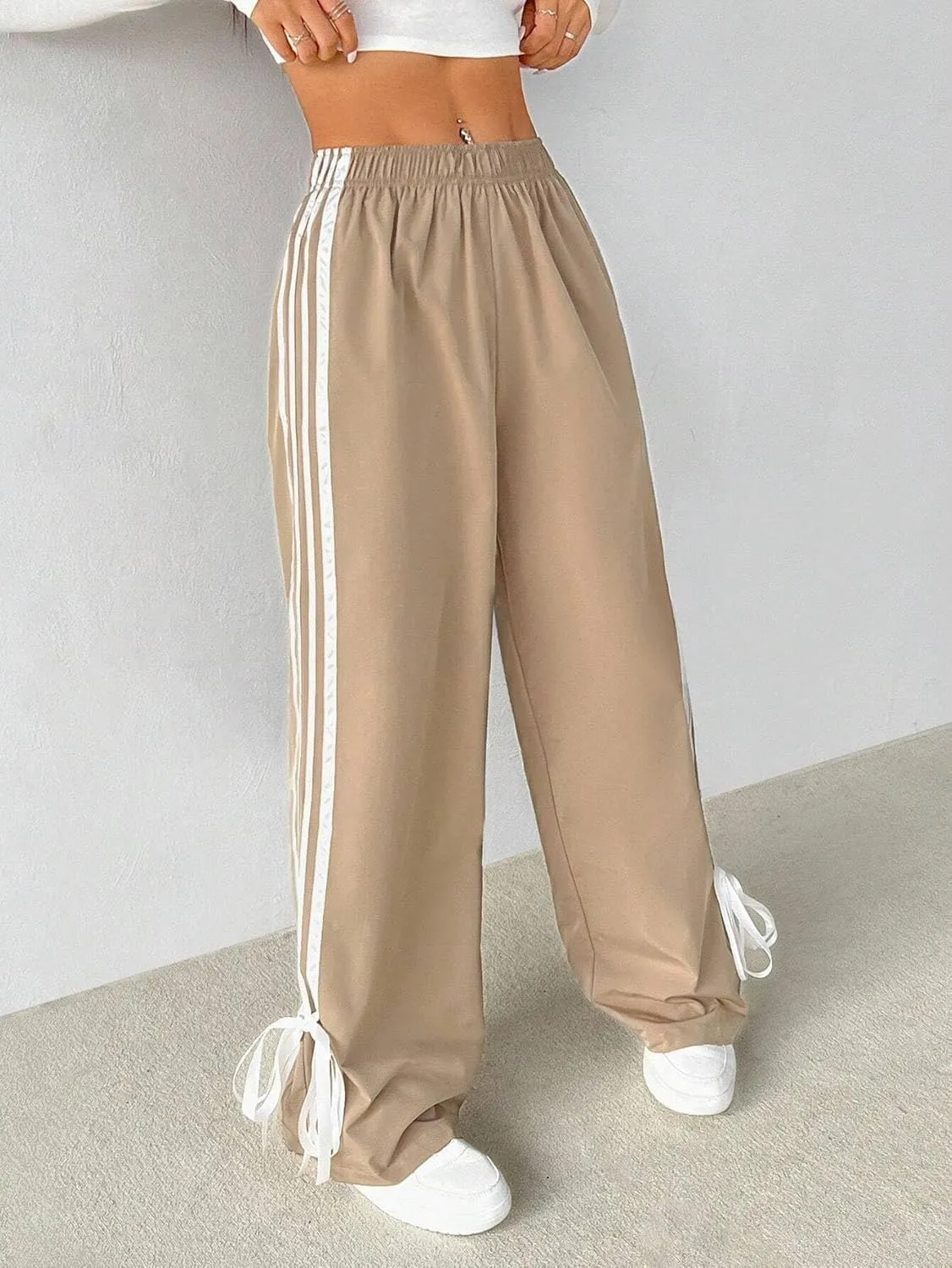 ZAFUL Womens Side Striped Pant Baggy Wide Leg Sweatpants Elastic Waisted Contrast Stripes Loose Fit Trousers