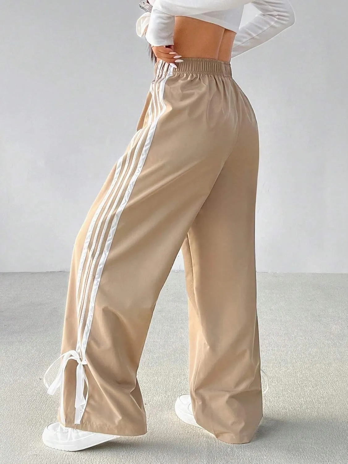 ZAFUL Womens Side Striped Pant Baggy Wide Leg Sweatpants Elastic Waisted Contrast Stripes Loose Fit Trousers