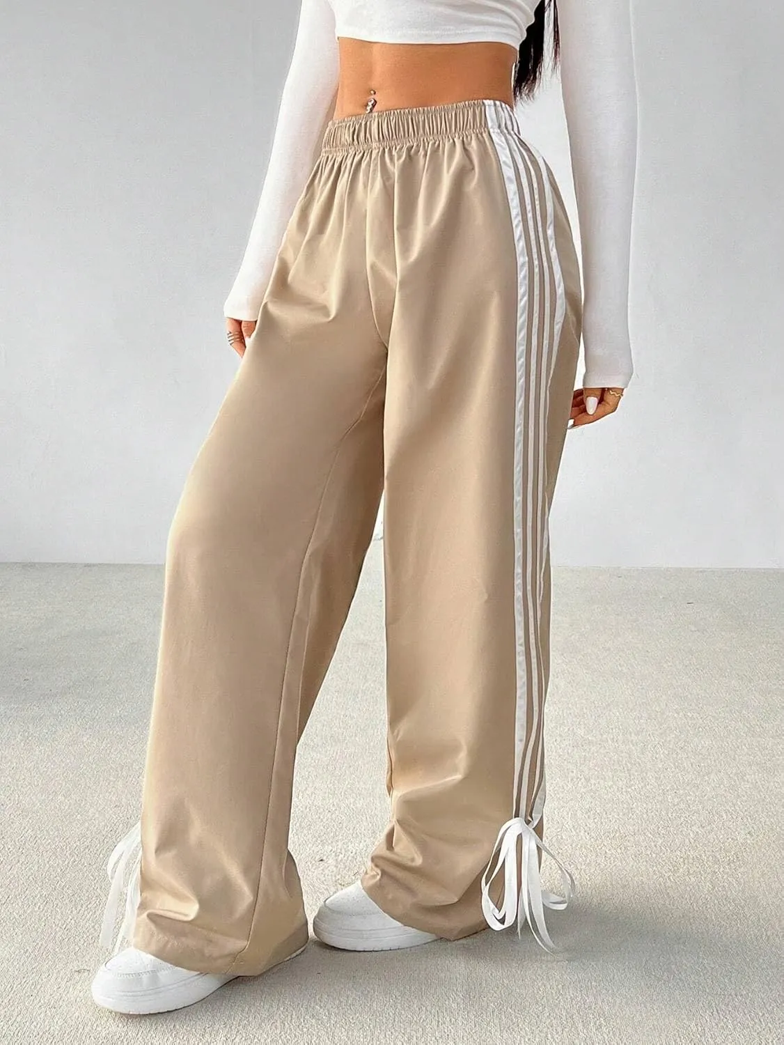 ZAFUL Womens Side Striped Pant Baggy Wide Leg Sweatpants Elastic Waisted Contrast Stripes Loose Fit Trousers