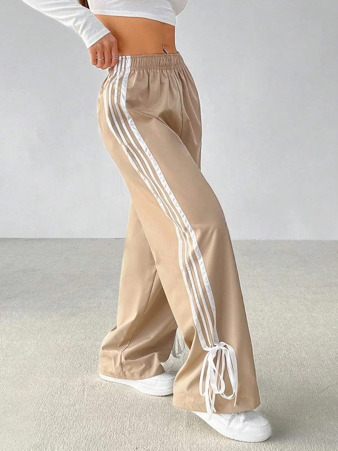 ZAFUL Womens Side Striped Pant Baggy Wide Leg Sweatpants Elastic Waisted Contrast Stripes Loose Fit Trousers