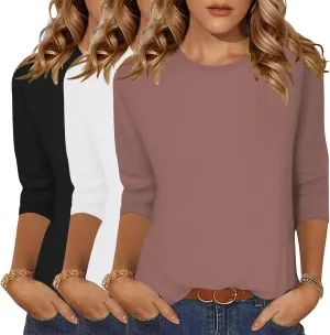 Zeagoo Tops for Women 3 Pack 3/4 Sleeve Crewneck Cute Basics Tees Casual Fashion Summer T Shirts Business Work Tee Top
