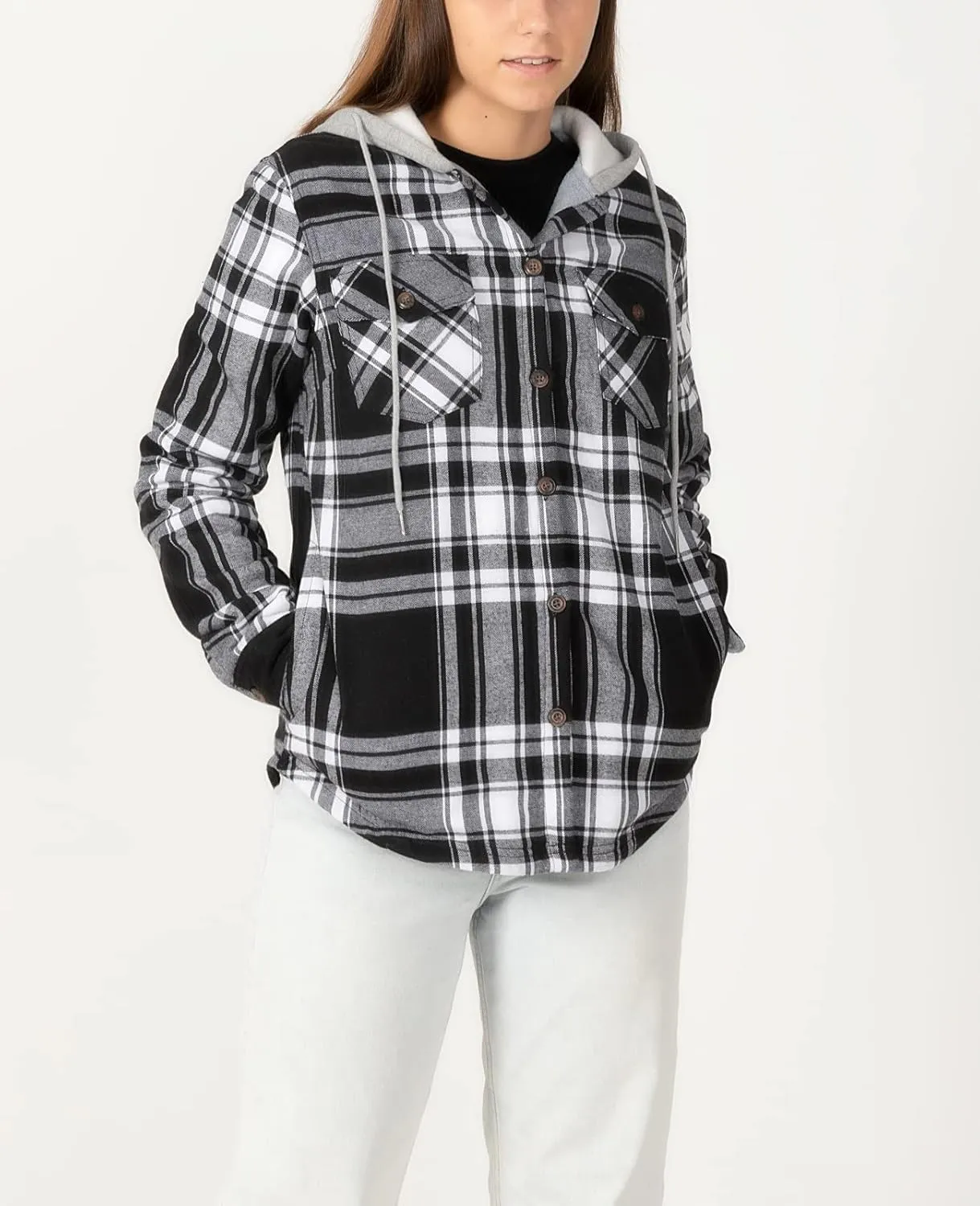ZENTHACE Women's Thermal Fleece Lined Plaid Button Down Flannel Shirt Jacket
