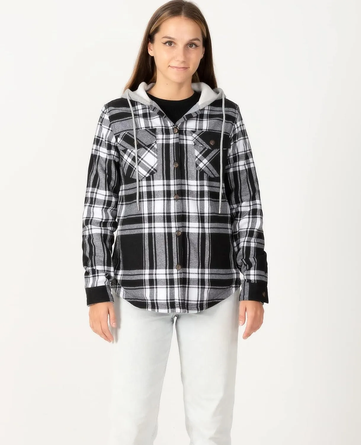 ZENTHACE Women's Thermal Fleece Lined Plaid Button Down Flannel Shirt Jacket