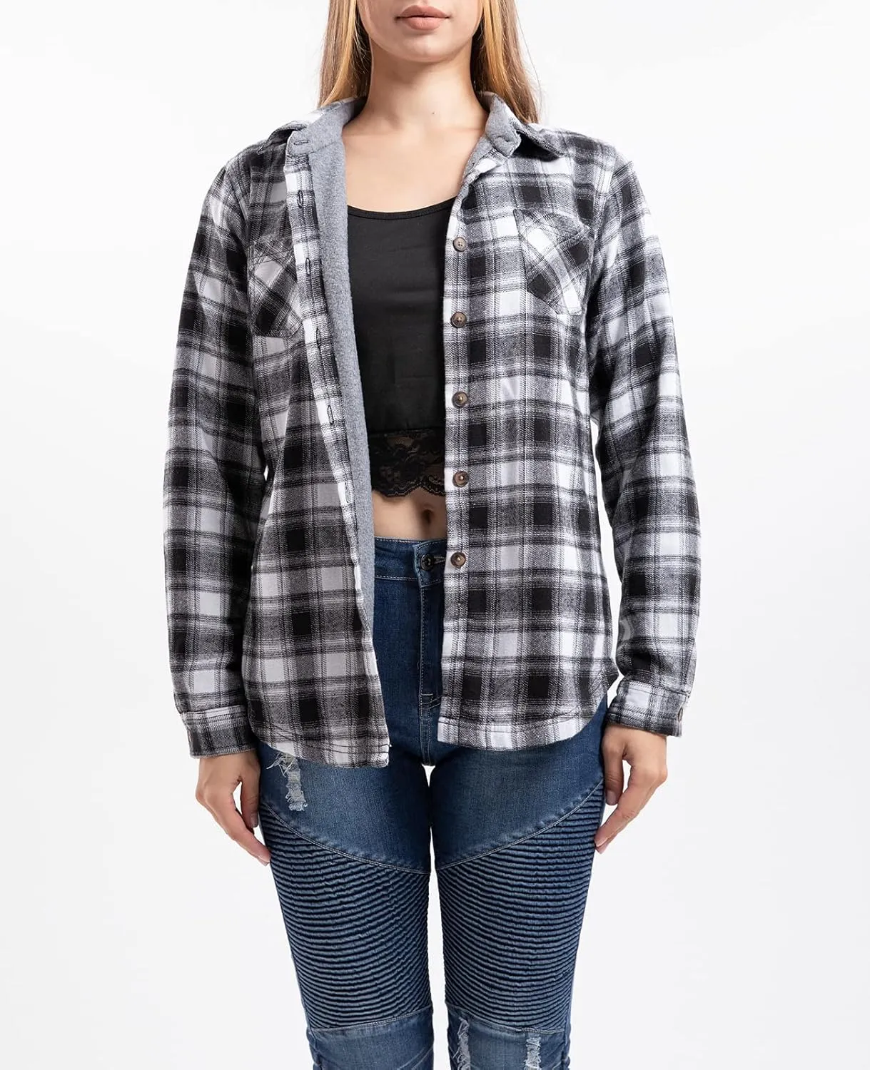 ZENTHACE Women's Thermal Fleece Lined Plaid Button Down Flannel Shirt Jacket