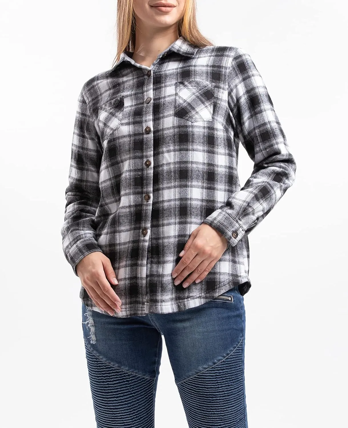 ZENTHACE Women's Thermal Fleece Lined Plaid Button Down Flannel Shirt Jacket