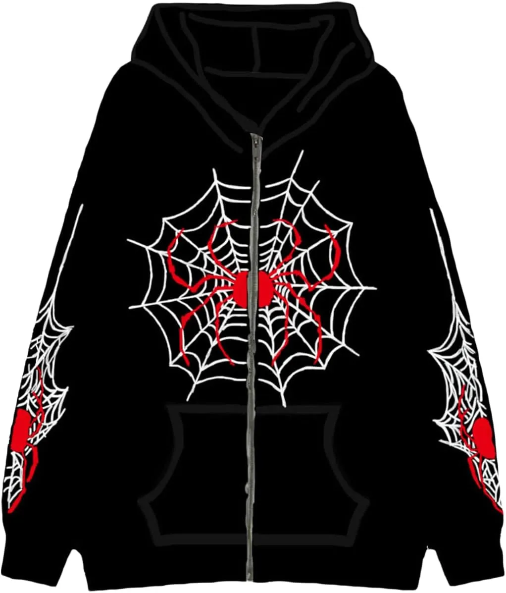 Zip Up Hoodies for Women Y2K Spider Web Print Halloween Hooded Sweatshirt Fleece Hoodie Coat Warm Hoody with Pockets