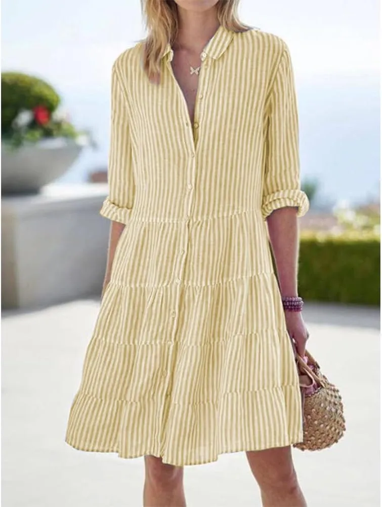 ZOCAVIA Women's Striped Shirt Dress Plus Size Long Sleeve Lapel Button Down Shirt Dress Flowy A-Line Midi Dresses Beach Dress