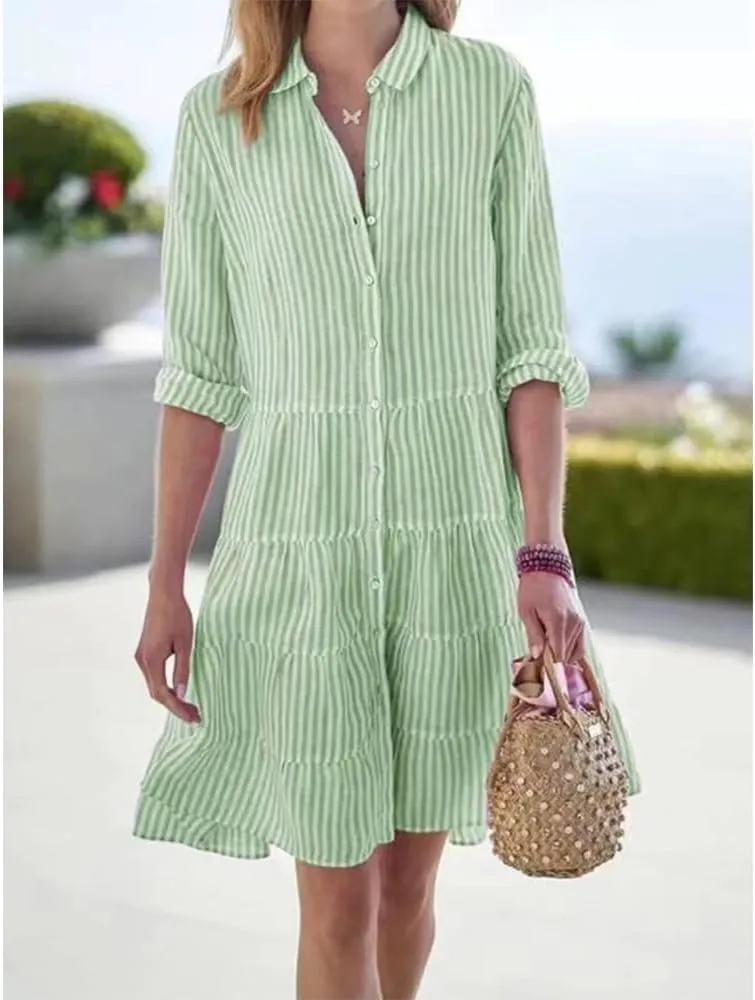 ZOCAVIA Women's Striped Shirt Dress Plus Size Long Sleeve Lapel Button Down Shirt Dress Flowy A-Line Midi Dresses Beach Dress