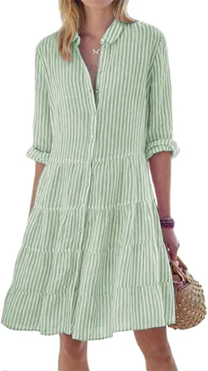 ZOCAVIA Women's Striped Shirt Dress Plus Size Long Sleeve Lapel Button Down Shirt Dress Flowy A-Line Midi Dresses Beach Dress