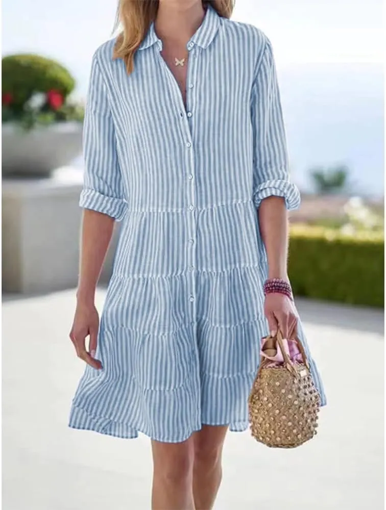 ZOCAVIA Women's Striped Shirt Dress Plus Size Long Sleeve Lapel Button Down Shirt Dress Flowy A-Line Midi Dresses Beach Dress