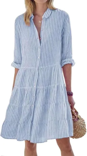 ZOCAVIA Women's Striped Shirt Dress Plus Size Long Sleeve Lapel Button Down Shirt Dress Flowy A-Line Midi Dresses Beach Dress