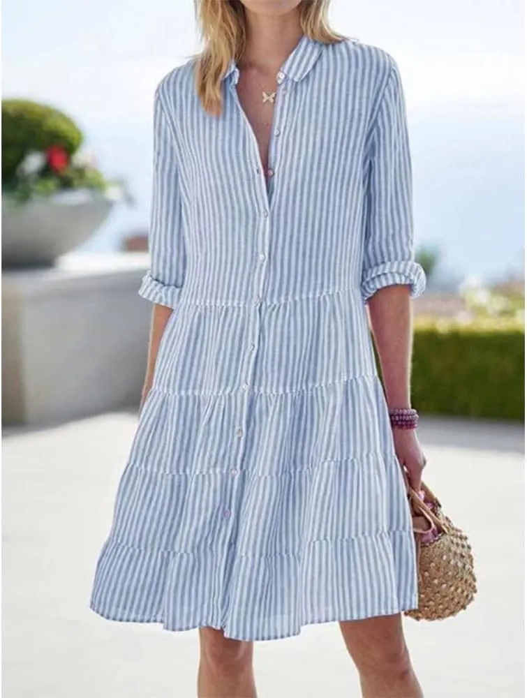 ZOCAVIA Women's Striped Shirt Dress Plus Size Long Sleeve Lapel Button Down Shirt Dress Flowy A-Line Midi Dresses Beach Dress