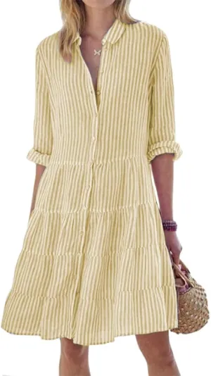 ZOCAVIA Women's Striped Shirt Dress Plus Size Long Sleeve Lapel Button Down Shirt Dress Flowy A-Line Midi Dresses Beach Dress