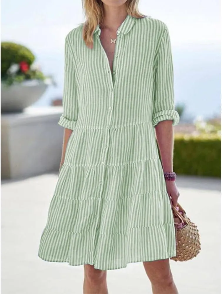 ZOCAVIA Women's Striped Shirt Dress Plus Size Long Sleeve Lapel Button Down Shirt Dress Flowy A-Line Midi Dresses Beach Dress